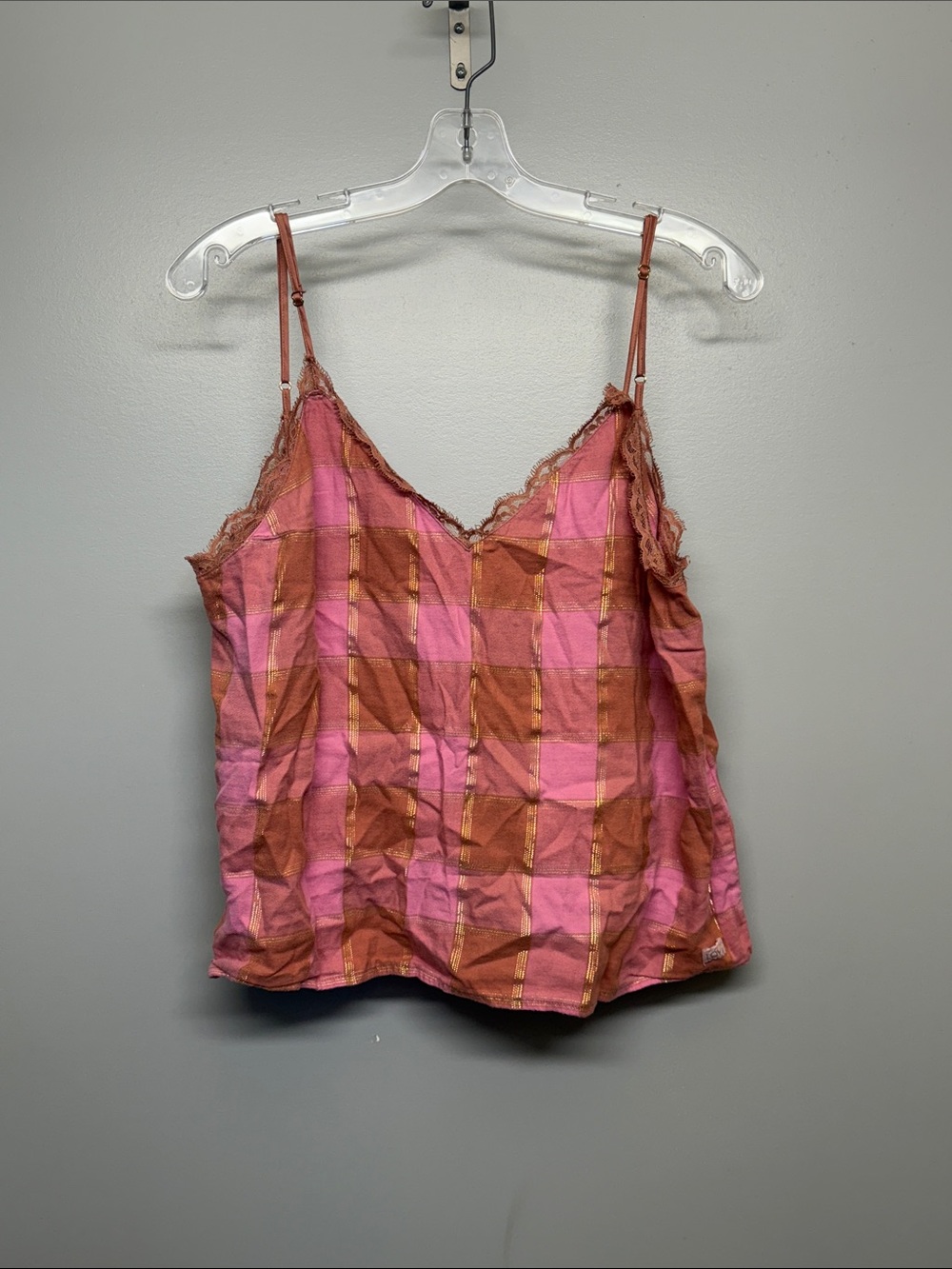Victoria's Secret Pink and Brown Plaid Lace-Trim Gingham Camisole Tank Top